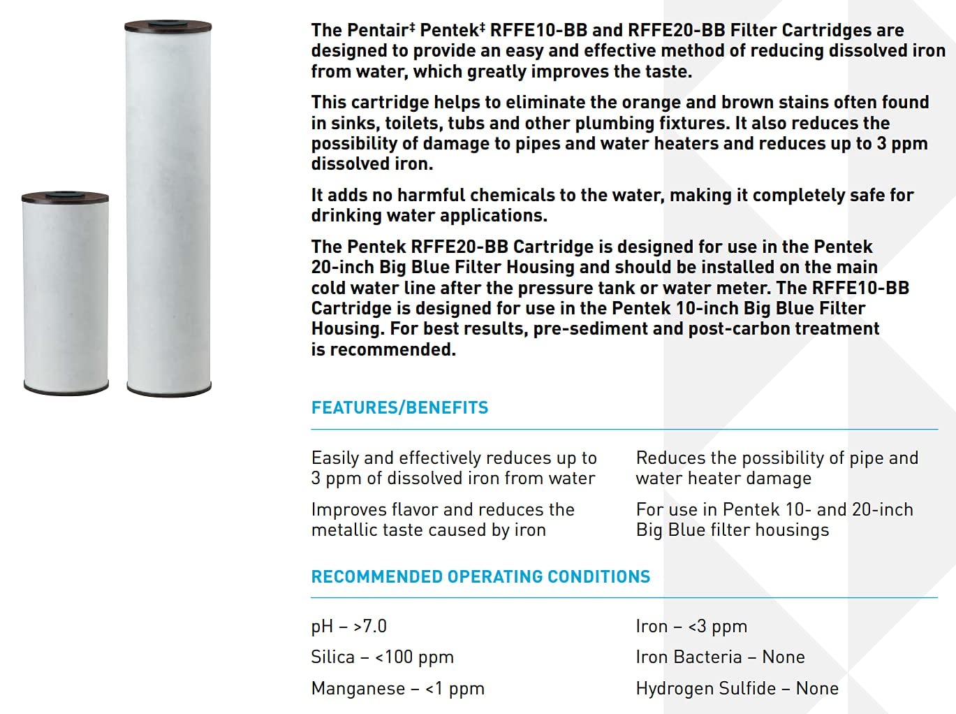 Pentair Pentek RFFE20-BB Big Blue Water Filter, 20-Inch, Whole House Radial Flow Iron Reduction Replacement Cartridge, 20" x 4.5", Pack of 2