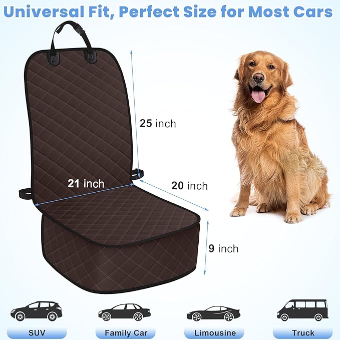 Dog Car Seat Covers, Waterproof Front Seat Cover for Dogs, Scratch-Proof, Nonslip Pet Passenger Seat Cover Protector, Universal Fit for Cars Trucks SUVs, Large Size, Dark Coffee
