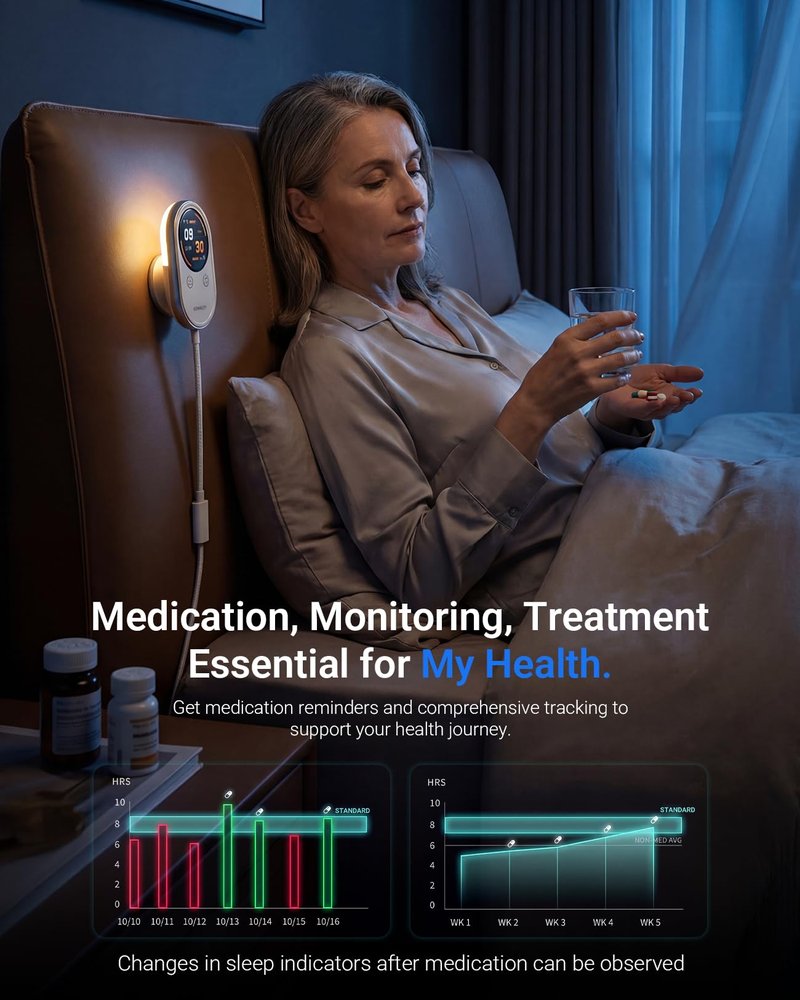 SOMNDEEP Contactless Health Monitor, Bedside Heart Rate & Breathing Monitor, Millimeter-Wave Radar, Precise Data, Medication Tracking, APP Sharing for Seniors or Patients with Chronic Diseases at Home