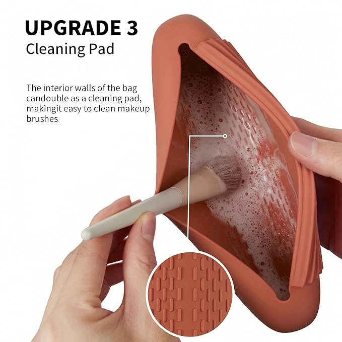 Silicone Makeup Brush Holder Travel Cosmetic Bag：Soft Portable Cosmetic Face Brushes Holder with Upgrade Anti-Fall Out Magnetic Closure, Large Travel Makeup Brush Case - Brown