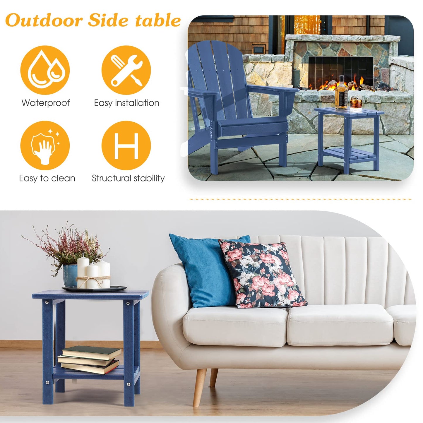 Apolimi Adirondack Outdoor Side Table, 2-Tier Sturdy Patio End Table Weather Resistant, 16.5" Solid Side Table for Patio, Pool, Porch