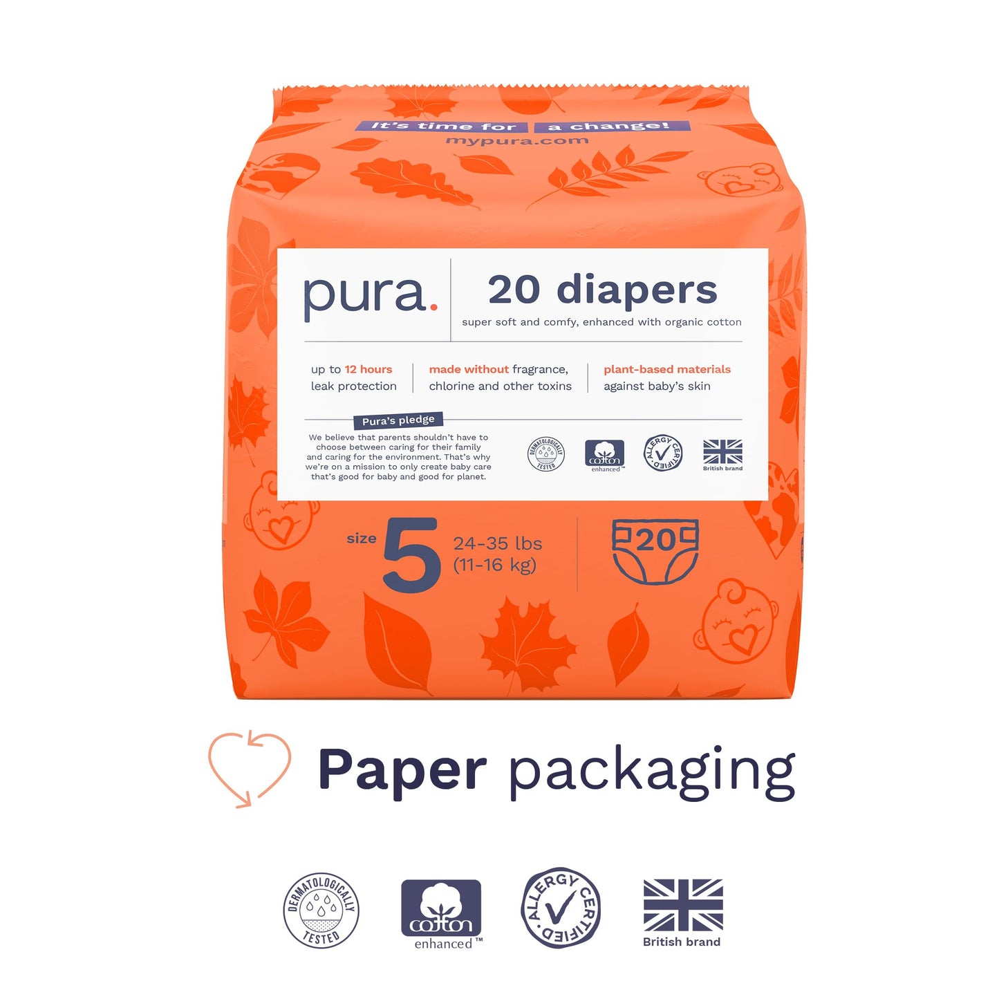Pura Size 5 Eco-Friendly Diapers (24-35 lbs) Totally Chlorine Free (TCF) Hypoallergenic, Soft Organic Cotton, up to 12 Hours Leak Protection, Allergy UK, 3 Packs of 20 (60 Count)