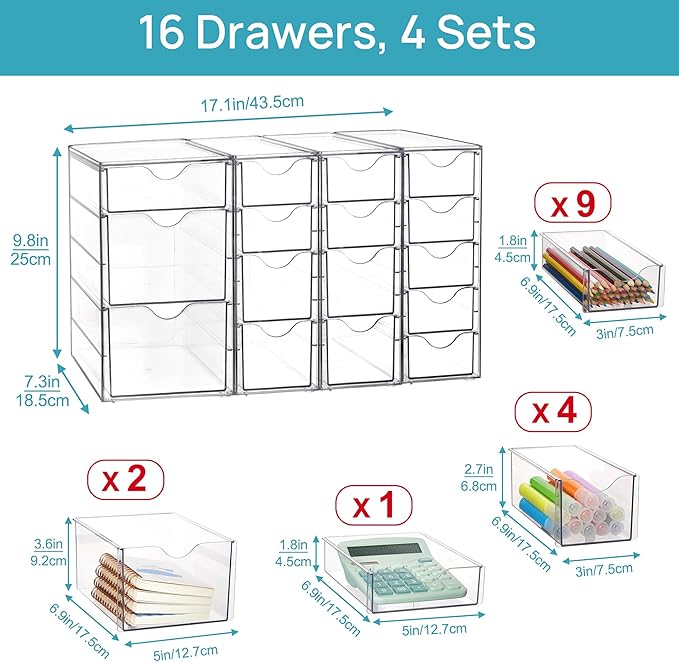 Vtopmart Acrylic Organizer with 16 Drawers (4 Set),Clear Storage Drawers for Office Supplies,Desk Organization and Storage for Makeup,Jewelry,Art Crafts