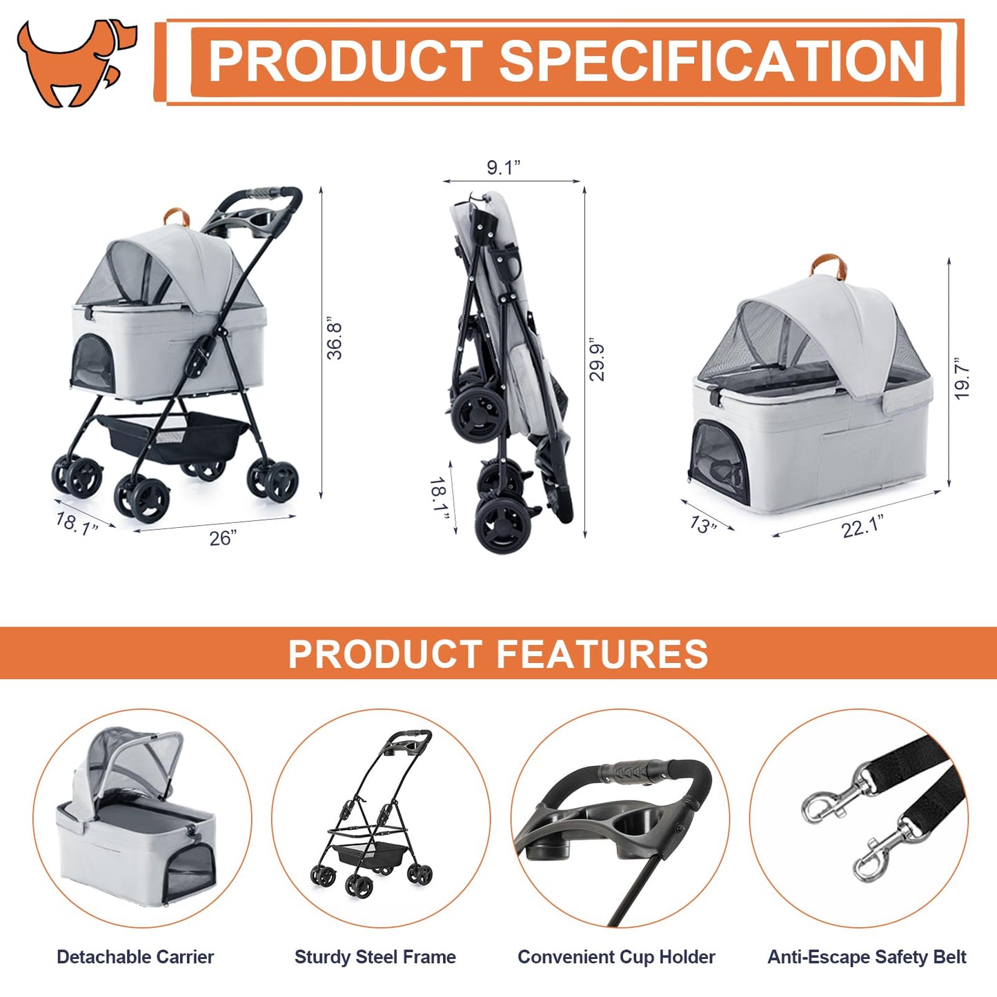 LPOTIUS 3-in-1 Pet Stroller for Small Dogs and Cats, Folding Lightweight Dog Stroller with Detachable Carrier Portable Cat Puppy Jogging Stroller with Cup Holder and Storage Basket, 4 Wheels