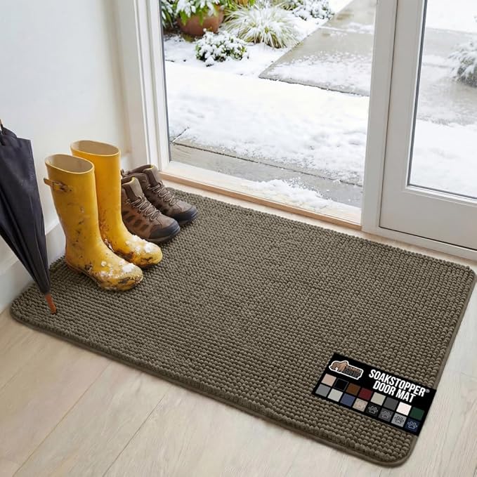 GORILLA GRIP SoakSTOPPER Dog Door Mat, 48x30 Machine Washable Rug Absorbent Doormat Captures Moisture Mud Dirt, Quick Dry Soft Chenille Entryway Rugs Indoor Entrance Mats for Dog Paws, Cappuccino