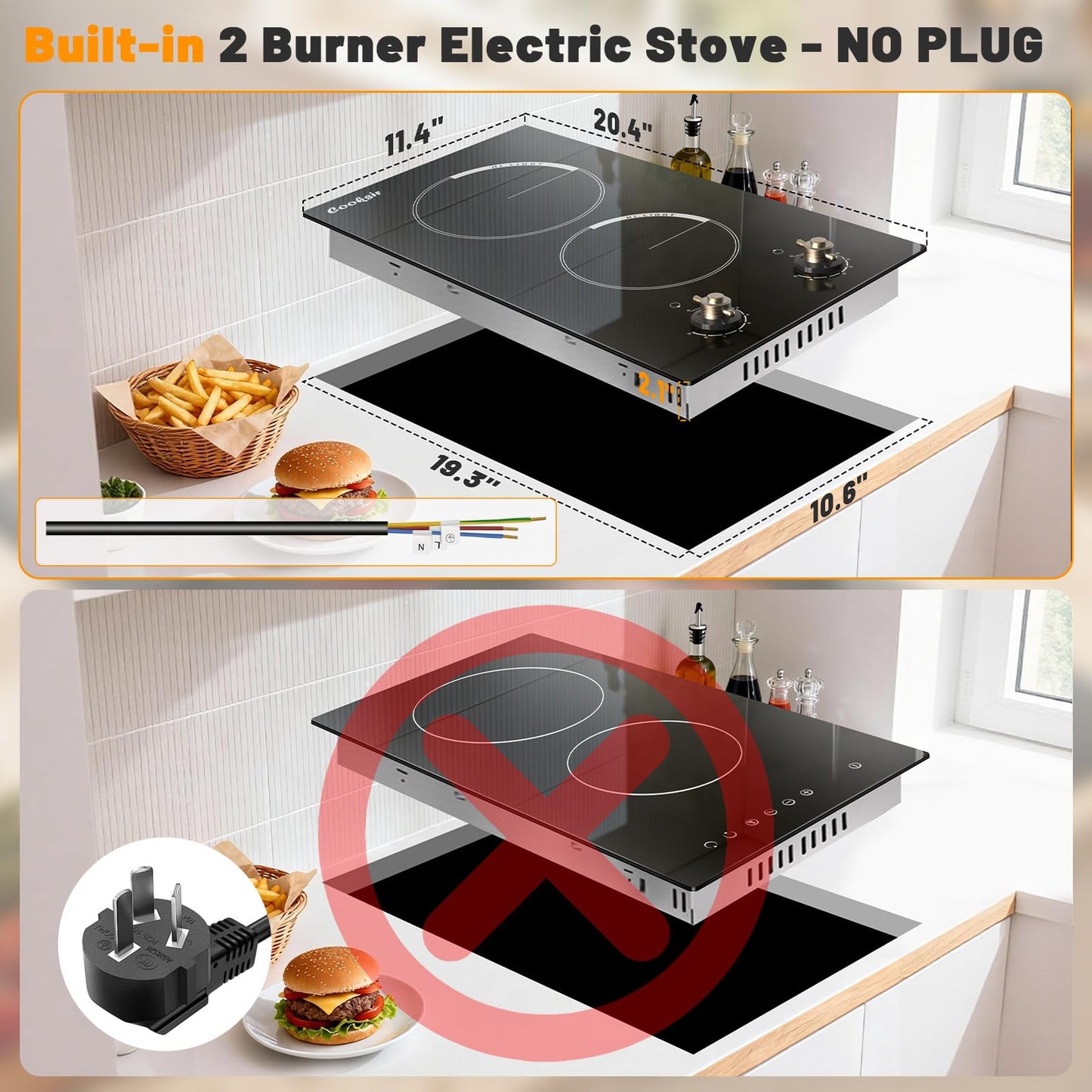 Cooksir 2 Burner Electric Cooktop - 12 Inch 220V Built-in Electric Stove Top 3000W, Ceramic Cook Top Radiant, 9 Power Heating Levels, Overheat Protection, Retro Knob, 220V - 240V Hard Wired (No Plug)