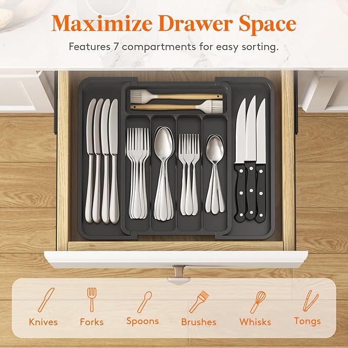Lifewit Silverware Drawer Organizer, Expandable Utensil Tray for Kitchen, BPA Free Flatware and Cutlery Holder, Adjustable Plastic Storage for Spoons Forks Knives, 8.9-14.7 x 12.2", Black