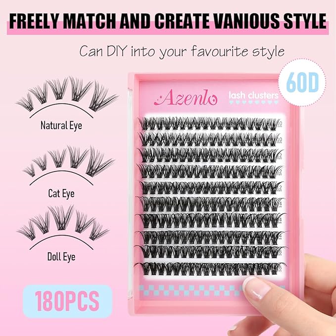 Azenlo Natural Lash Clusters Kit Wispy Eyelash Clusters 120 pcs Cluster Eyelash Extensions C Curl Individual Lashes 10-16 mm Mix Length Natural Look (60D KIT 120 Pcs)