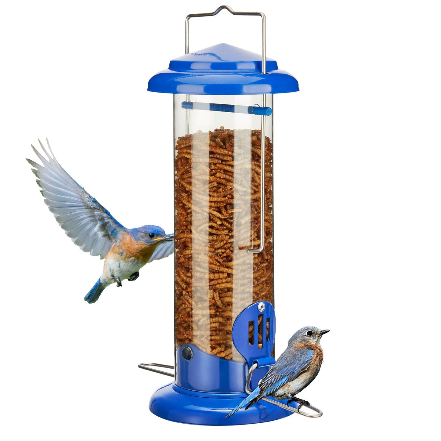 Kingsyard Upgraded Bluebird Feeder for Outdoors Hanging, Metal Mealworm Tube Bird Feeder with Widen Perch for Wild Birds, Squirrel Chew Proof, Easy to Refill & Clean(Blue)