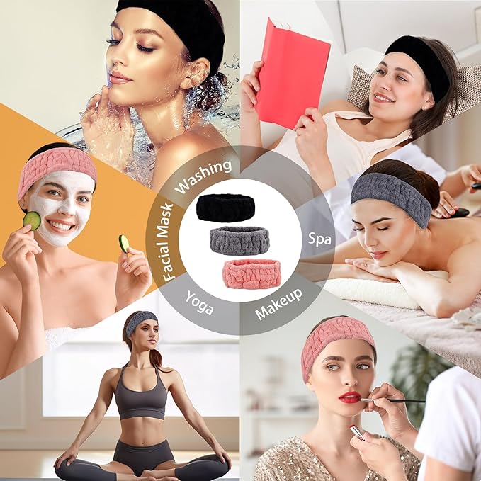 Microfiber Spa Headband 3-Pack, Soft Terry Cloth Headband for Washing Face, Facial Mask, Makeup, Shower, Yoga, Gift for Women and Teens (Black+Gray+Pink)