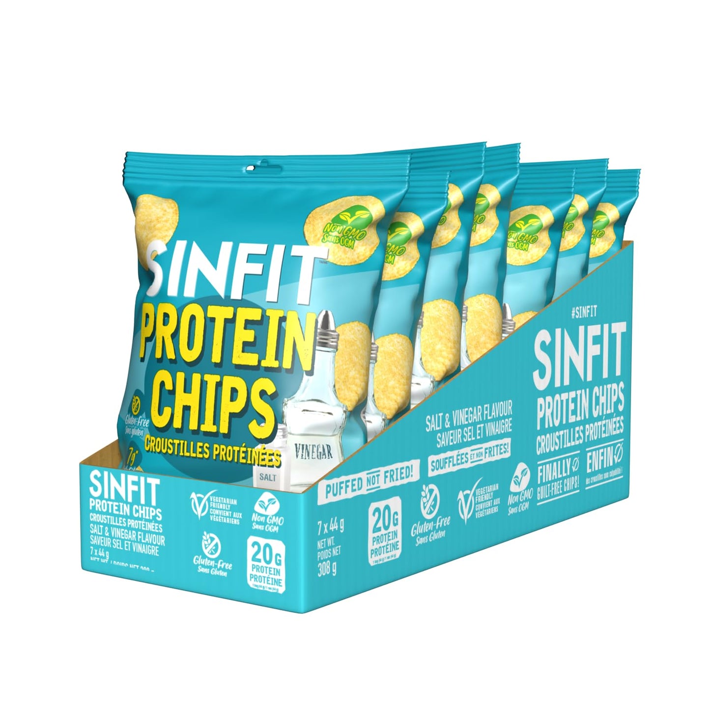 SinFit Protein Chips, 20g Protein/Bag, 50g-Bag, High Fiber, Low Carb, Gluten Free,7/box (7 Bags, Salt & Vinegar)