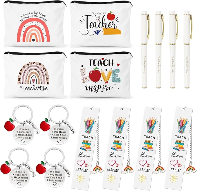 UAREHIBY 16 PCS Teacher Gifts in Bulk, Thank You Teachers Gifts With Makeup Bags, Teacher's Appreciation Week Keychain, Bookmark Gift for Teachers, Best Teacher Ever Pen Gift, Christmas Idea