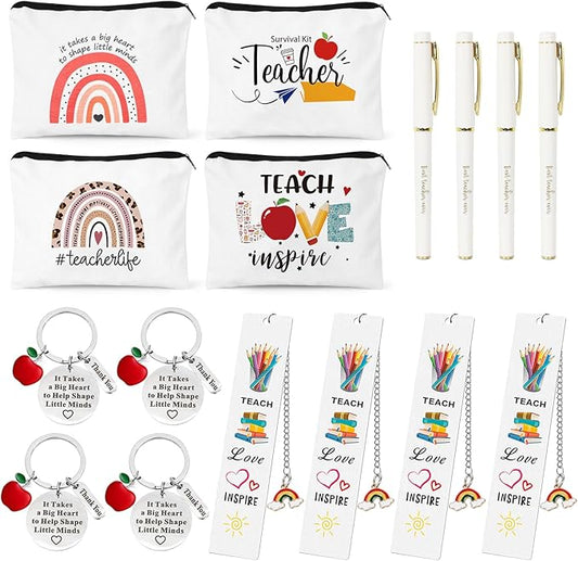 UAREHIBY 16 PCS Teacher Gifts in Bulk, Thank You Teachers Gifts With Makeup Bags, Teacher's Appreciation Week Keychain, Bookmark Gift for Teachers, Best Teacher Ever Pen Gift, Christmas Idea