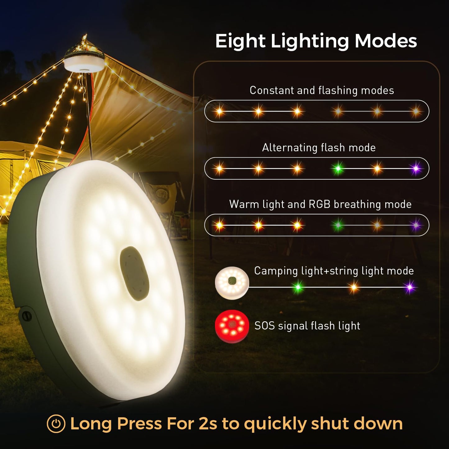KUQIHUG Camping String Lights, 32.8FT Rechargeable Camping Lights with Quick Storage Reel, 8 Modes Waterproof Hanging LED Camping Lights for Tent, RV Awning, Patio and Outdoor Camping Gear Essentials