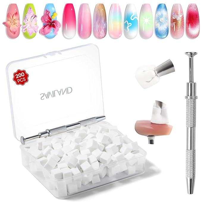 SAVILAND 200PCS Nail Sponges for Ombre: Soft Nail Art Sponges With Grabbing Pen Ombre Sponge French Tip Tool Professional Nail Art Kit Accessories Supplies for Aura Gradient Blooming Nails