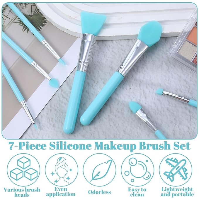7 Pcs Silicone Brush Applicator Kit, Flexible Soft UV Epoxy Art Crafting, Facial Skincare Tools, includes Facial Mask Spatula, for Cream Makeup Face Mud Clay Mask Moisturizers (Blue)