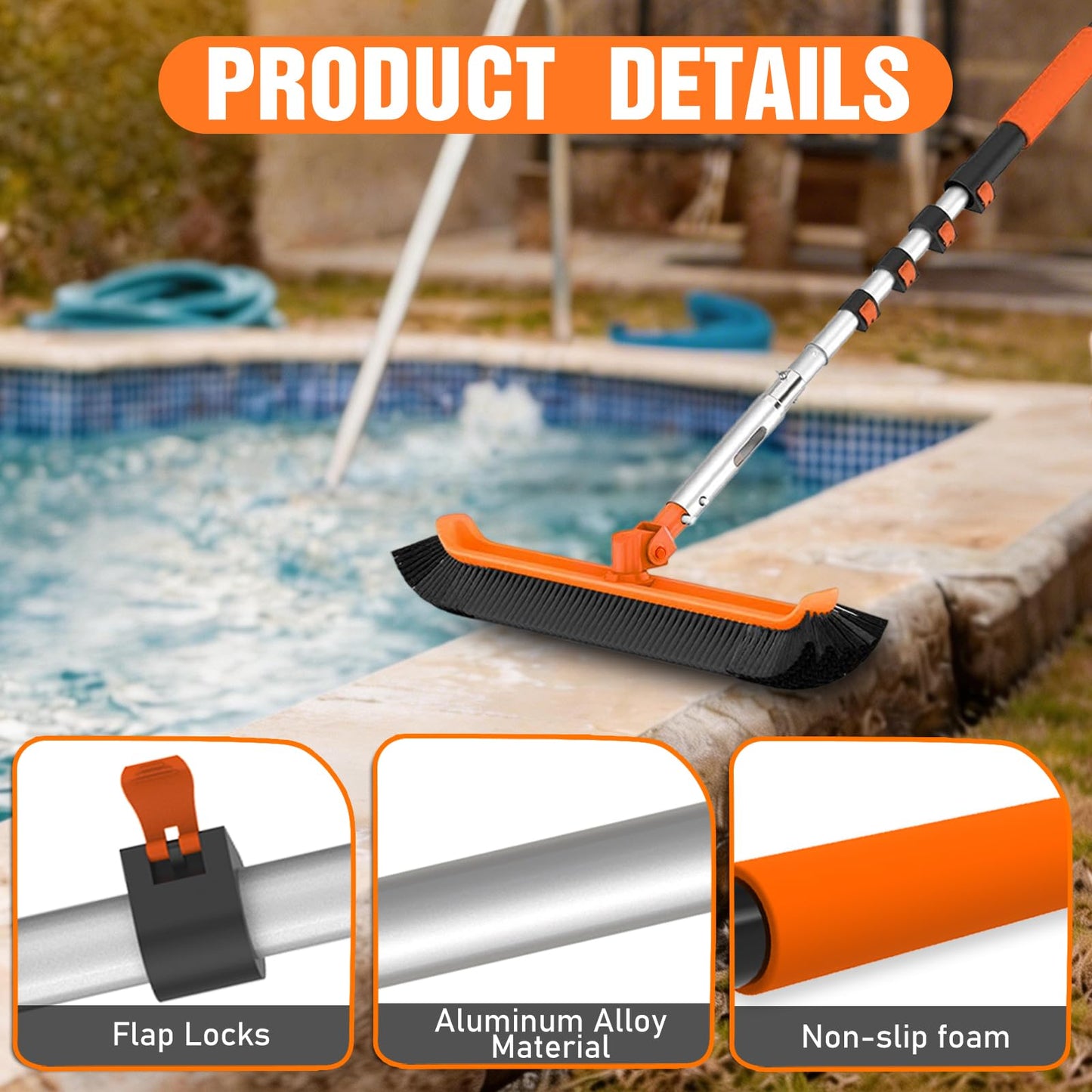 LAANPOLE Pool Brush with Pole, 16FT Heavy Duty Telescopic Pool Pole with 18" Pool Brush, Swimming Pool Scrubber Brush Head for Cleaning Walls, Tiles & Floors