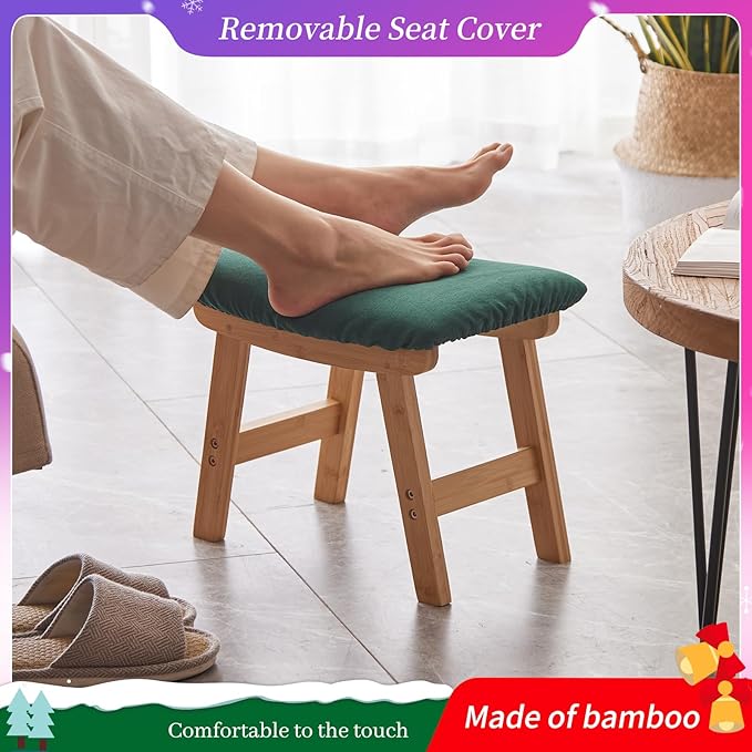 Kitsanery Foot Stool,Ottoman,Bamboo Small Sofa Foot Rest Under Desk,Extra Seating for Living Room, Bedroom and Kitchen (Natural Stool Legs - Green Surface)