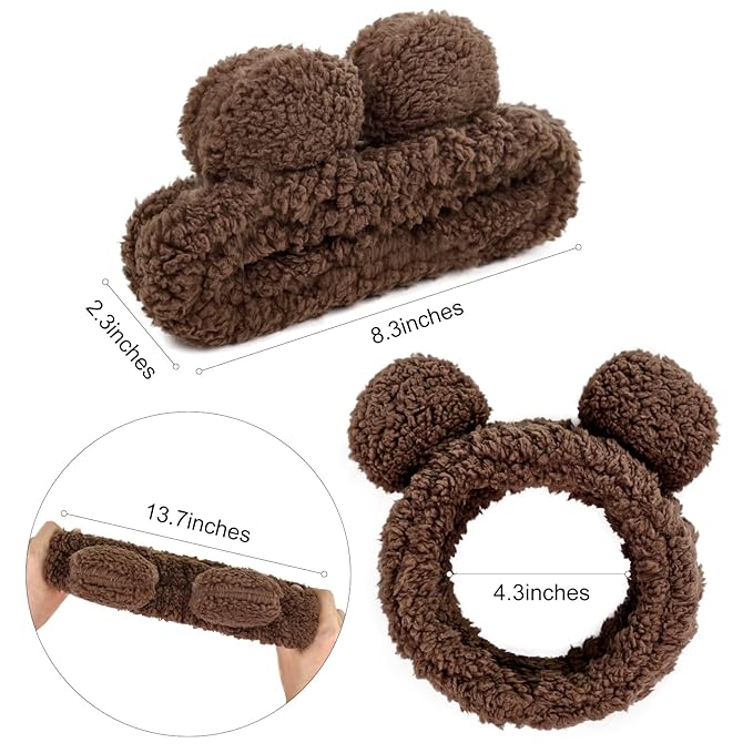 Huachi Bear Ears Headbands for Women Face Washing Spa Makeup Hair Bands Korean Elastic Fluffy Beauty Accessories, Brown