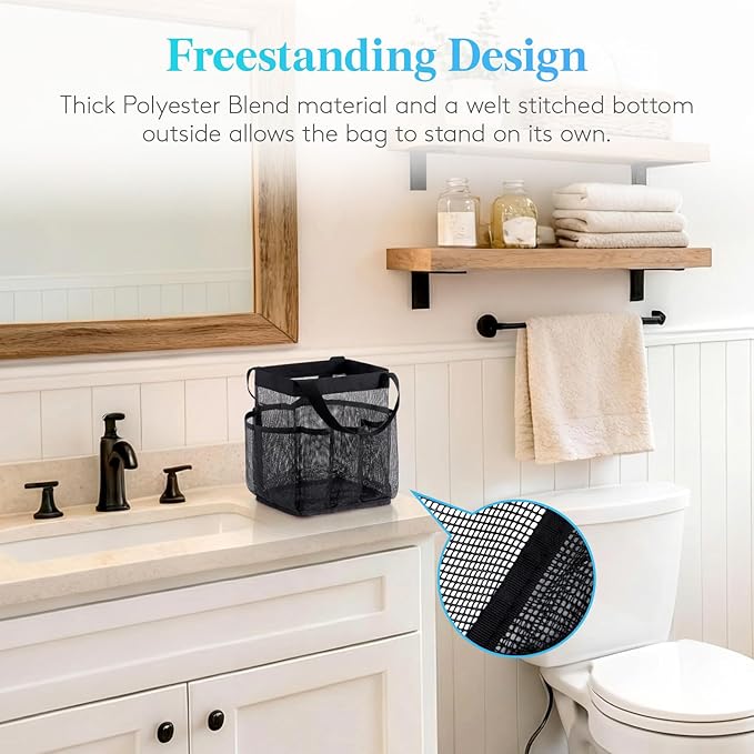 Lifewit Mesh Shower Caddy 2 Packs, Freestanding Portable Shower Tote Bag for Dorm, Bathroom, Gym, Travel, Quick Dry Hanging Organizer with 7 Storage Pockets for Toiletry Essentials, Black&Grey