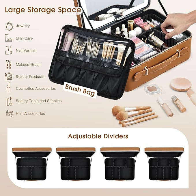 Faquenc Leather Makeup Case with LED Lighted Mirror 11.4 Inch Travel Makeup Bag Adjustable Brightness in 3 Colors Cosmetic Organizer Artist Storage Bag with Dividers Brush Holder Bag Vanity Brown