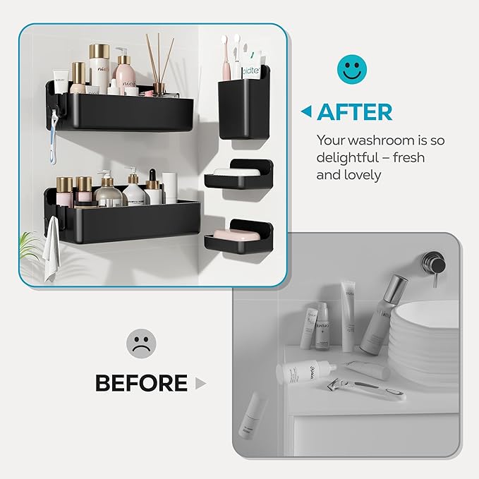 Nieifi Adhesive Wall Shelf, Shower Shelves 5 Pack with Soap Holder, Shower Organizer for Bathroom Organization, Black