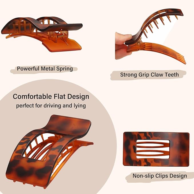 4 Pack Large Flat Hair Clips for Women, Rectangle Non-slip Lay Down Claw Clips, French Strong Hold No Crease Barrettes for Thick & Thin Hair, Stylish Square Hair Accessories(Tortoise)
