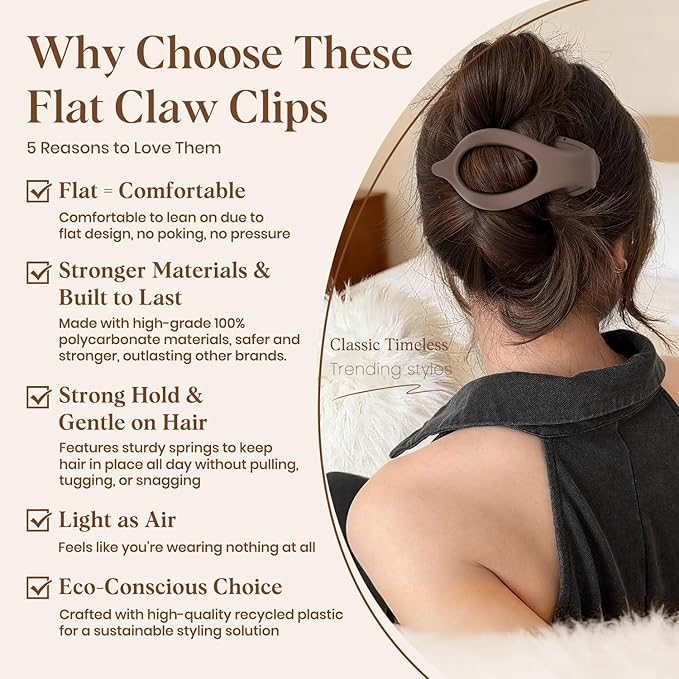 4 PCS Large Flat Hair Clips for Women Girls, French Concord Lay Down Flat Claw Clips for Thick Thin Hair, Comfortable Curved Hair Clip, Matte Non-slip Strong Hold Hair Accessories, Neutral