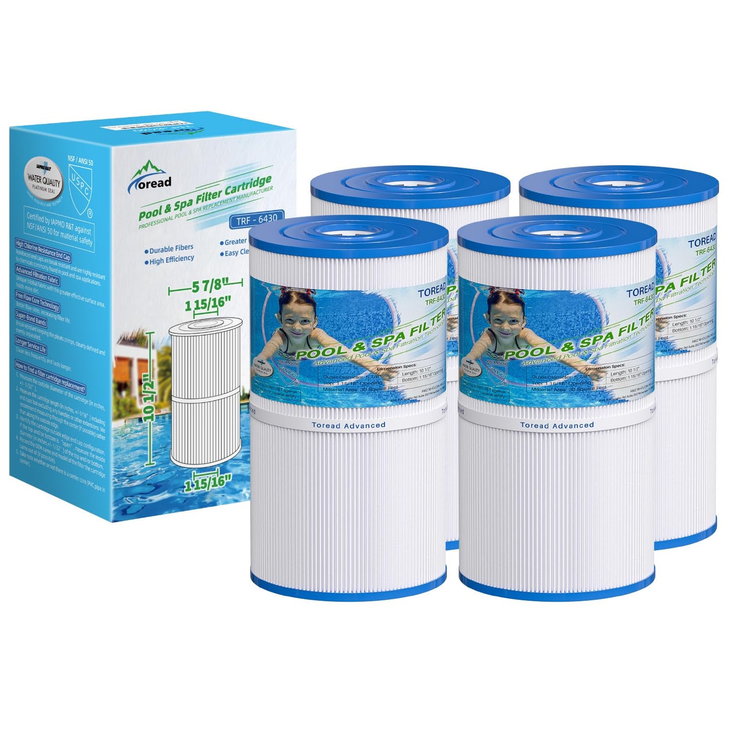 TOREAD Watkins 31489 Replacement Filter, Compatible Pleatco PWK30, Unicel C-6430, Filbur FC-3915, P/N0969601, 71825, 73178, 73250, 30 sq. ft. Hot Spring Spa Filter (4)