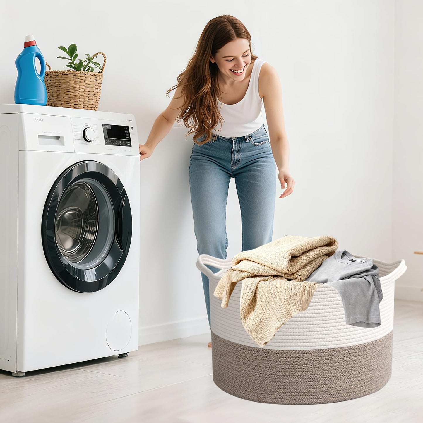 HZFTJOY 65L Large Woven Cotton Rope Blanket Basket with Handles, Laundry Hamper Storage Bin for Pillows, Clothes, Bedroom and Living Room Organization, White & Brown