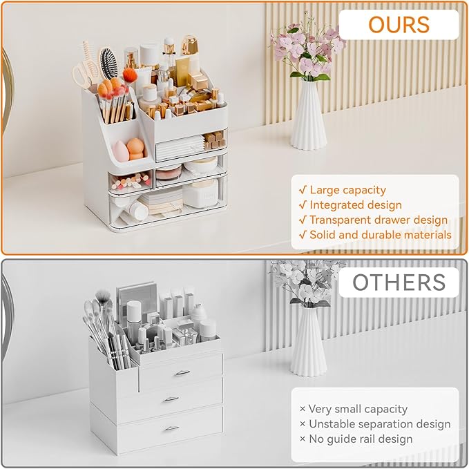 Yieach White Makeup Organizer Countertop With 4 Drawers,Large Cosmetics Storage Organizer for Brush,Hair Products,Plastic Makeup Holders and Beauty Skincare Organizers for Bathroom,Vanity,Dresser Top