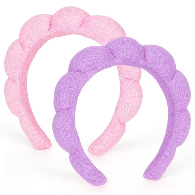 AMCAMI Puffy Spa Headband for Women Sponge Headbands for Girls 2 PCS Terry Towel Cloth Fabric Head Band for Skincare,Makeup Removal,Face Washing,Facial Mask,Shower,Hair Accessories（Purple&Light Pink）
