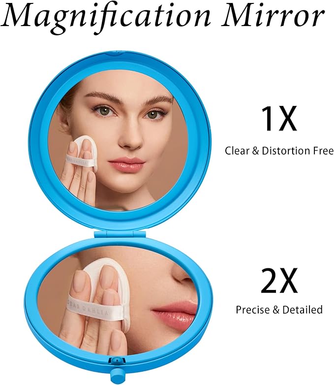 Compact Mirror for Purse, Metal Round Shell, Double-Sided 1X/2X Magnifying, Portable Travel Makeup Mirror, Mini Pocket Mirror, Deep Sky Blue, 1 Pack