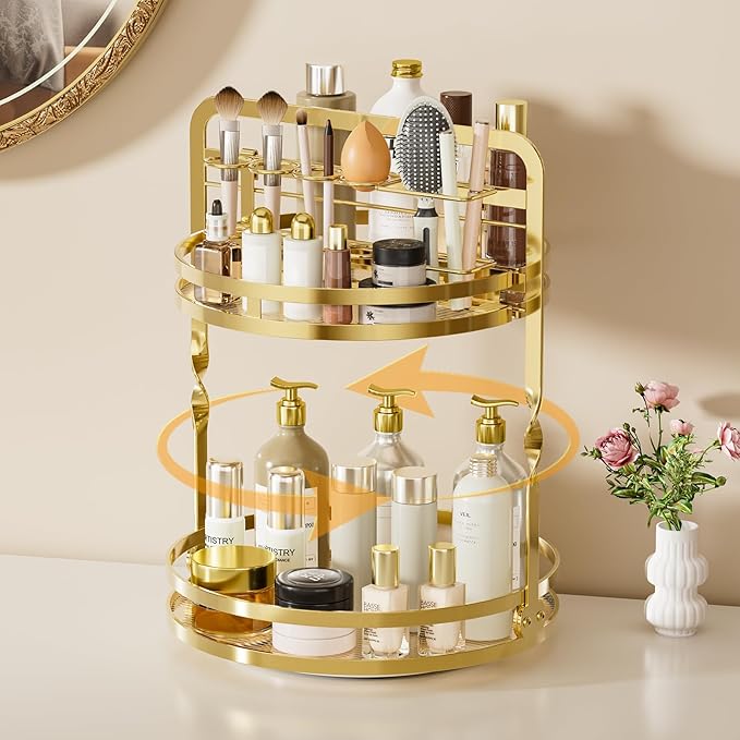 360ÃÂ° Rotating Makeup Organizer, 2-Tier Gold Perfume Organizer for Dresser, Bathroom Organizers Countertop, Perfume Shelf with Makeup Brush Holder, Skincare Holder Cosmetic Display(Gold)