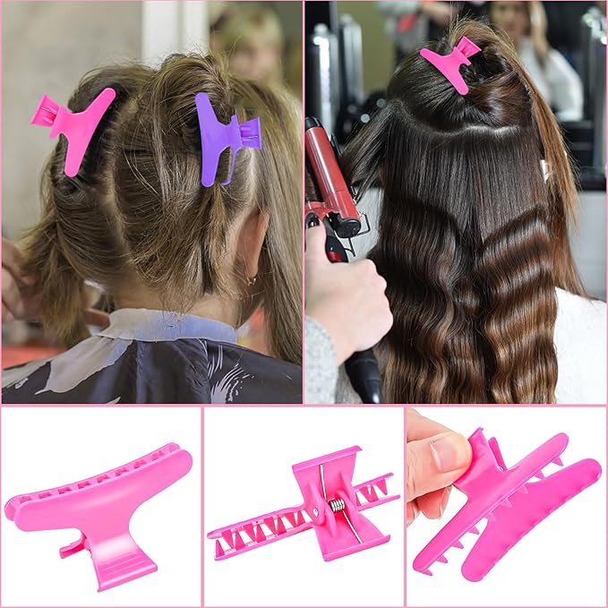 Hair Clips for Styling Sectioning 12 Pack Hot Pink Purple Butterfly Clamps Hair Claw Clips Pro Salon Hair Clips for Styling, Sectioning, Cutting and Coloring