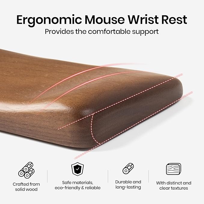 Walnut Wooden Wrist Rest for Mouse and Keyboard, Ergonomic Design for Wrist Pain Relief, Smooth No Odor and Easy to Clean, Support Wrist to Coding Typing and Playing (for Mouse or One Handed)