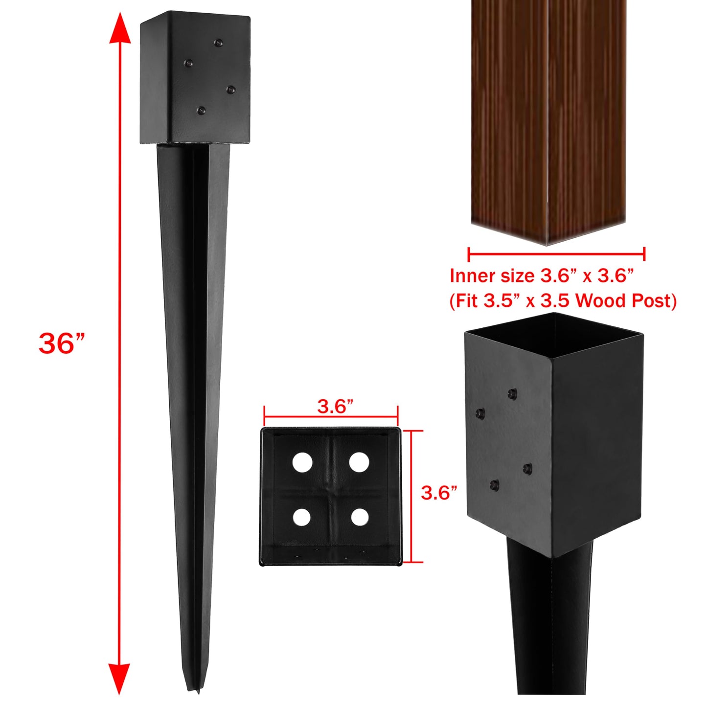 LADECH 4x4 Fence Post Anchor Ground Spike 36” Length Metal Black Powder Coated – Mailbox Post Anchors – Fit 3.5x3.5 Lumber (8, Black)