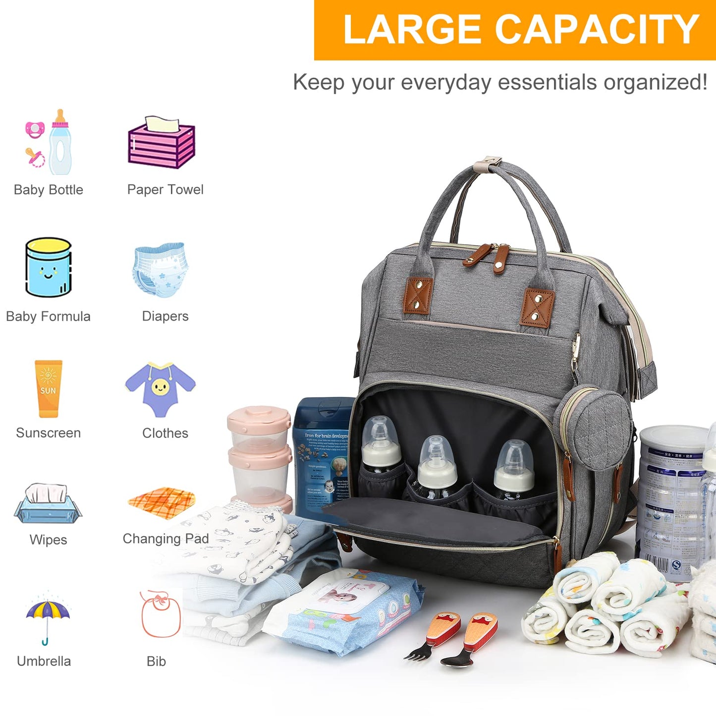 Lamroro Diaper Bag with Changing Station, Waterproof 3 in 1 Baby Diaper Backpack with Foldable Changing Pad, Large Travel Back Pack for Baby Girl Boy, Grey