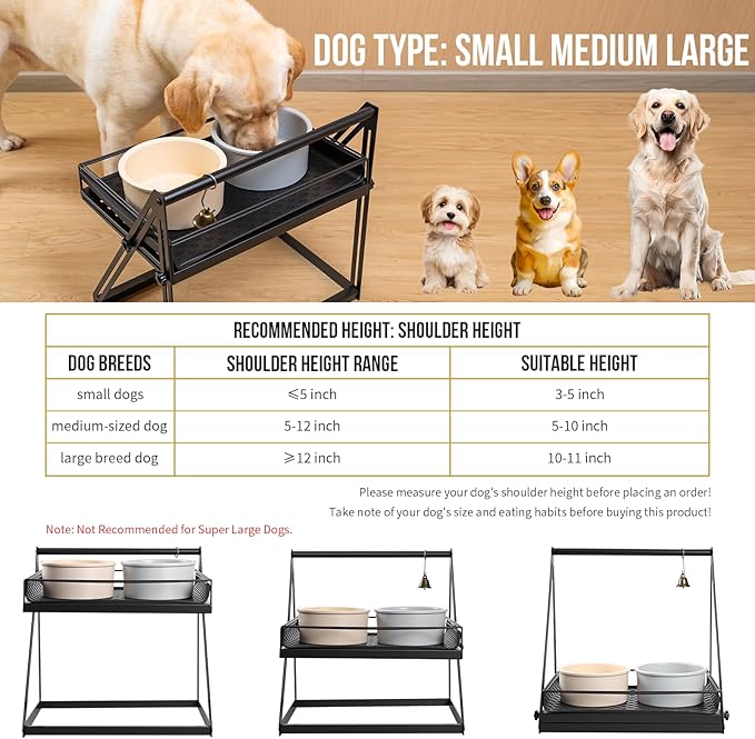 OneTigris Elevated Dog Bowl, Raised Dog Bowls for Medium Large Dogs, Adjustable Height, with Non-Slip Mat No-Spill Baffle, Height Adjustable from 2" to 11" Black (Bowls Not Included)