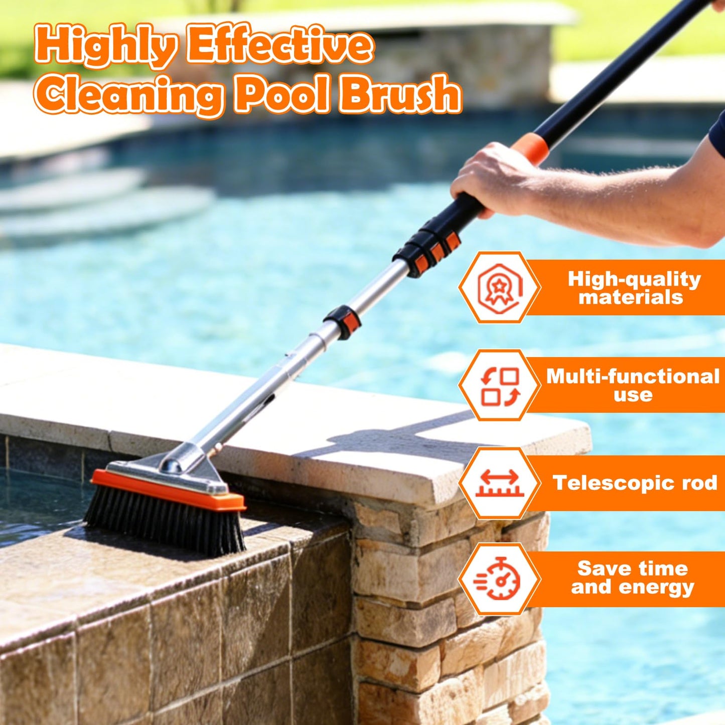 LAANPOLE 4-in-1 Pool Brush with Pole, Heavy Duty 18" Pool Brush Head, 5" Stainless Steel Brush and Hand-Held Pool Scrub Brush for Inground & Above Ground Pools, Pool Scrubber Brush with 16FT Pole