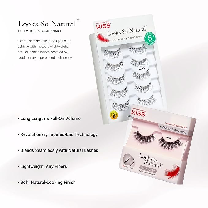 KISS Looks So Natural False Eyelashes Multipack, Lightweight & Comfortable, Tapered End Technology, Reusable, Cruelty-Free, Contact Lens Friendly, Style 'Flirty', 5 Pairs Fake Eyelashes