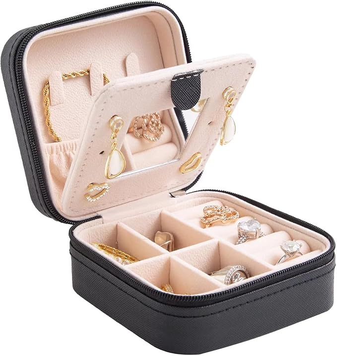 KElofoN Travel jewelry case Travel jewelry box Travel Jewelry Organizer Small Jewelry Organizer Box Gift for Girls Women with Mirror(Black)