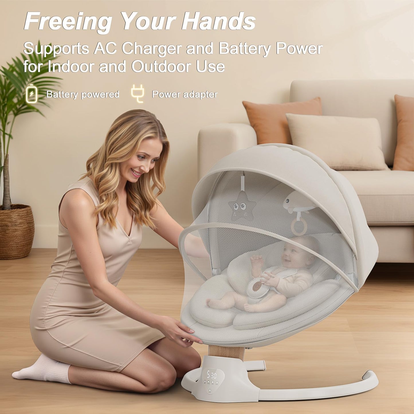 Baby Swings for Infants, FasonBaby Electric Baby Swing with 10 Preset Melodies, 5 Speeds, Remote Control and Bluetooth - Portable Infant Swing for Indoor and Outdoor(Beige)