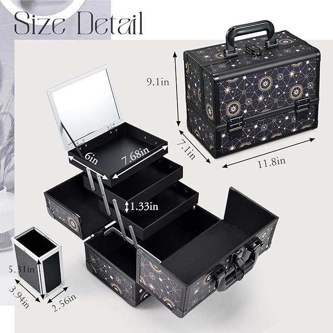 Joligrace Galaxy Printed Makeup Train Case, 3-Tier Makeup Storage Box, Portable Makeup Organizer, Hard Makeup Case with Mirror and Lock, Professional Makeup Case for Women