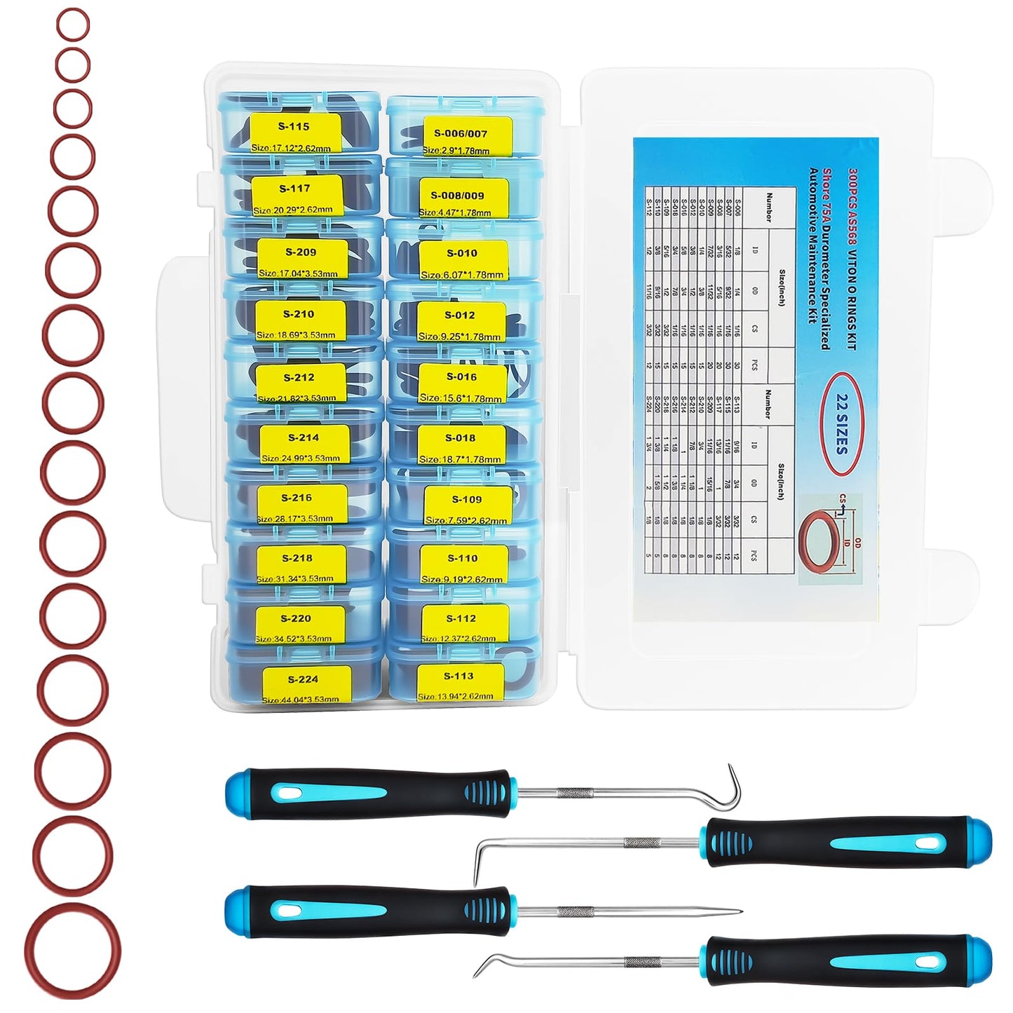 Langina 300pcs FKM Viton O-Ring Kit, 22Sizes SAE AS568 FKM O-Rings Set for Auto Fluid Systems, High Temp&Oil Resistant Viton Assortment, O Rings Repair Kit for Engine,Transmission&Brake Systems