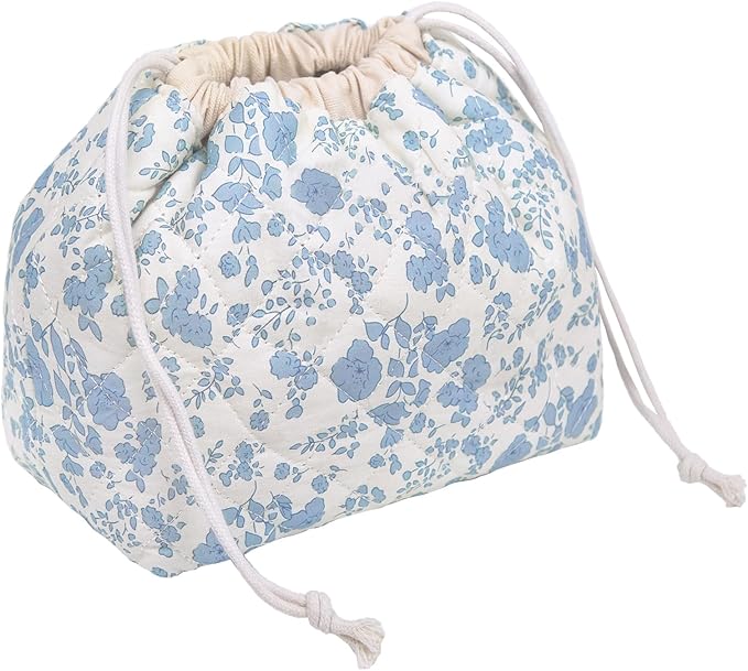 Large Makeup Bag, Cute Drawstring Cosmetic Bag with Canvas Lining, Floral Coquette Aesthetic Toiletry Bag, Travel Make Up Organizer Bag for Women and Girl (Blue Flower)