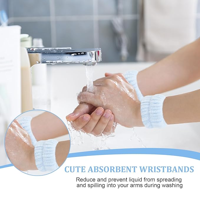 6Pcs Blue Spa Set, Skincare Wrist Washbands, Terry Cloth Headbands for Face Washing