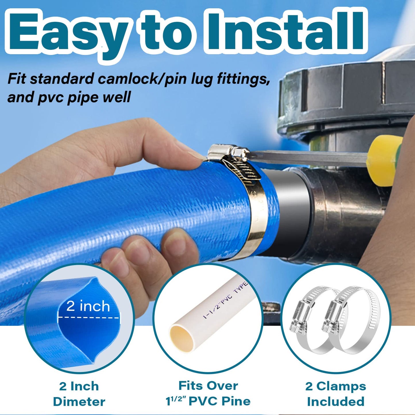 Jin&Bao 2" x 25 FT Pool Backwash Hose, Heavy Duty Reinforced Lay-Flat Discharge Hose, Burst Resistant Drain Hose with 2 Clamps, for Pool Filter & Sump Pump-Blue