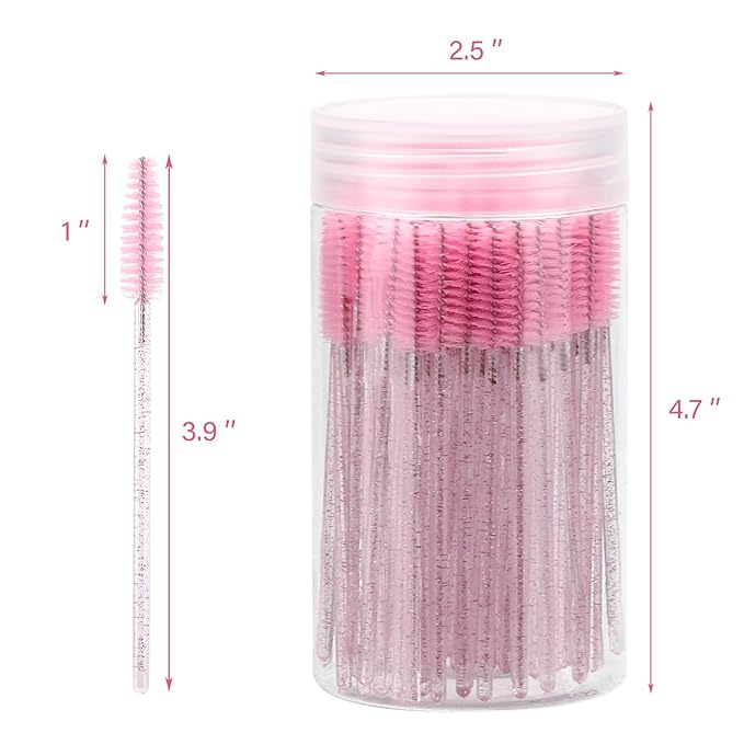 100 Pcs Disposable Mascara Wands, Crystal Eyebrow Spoolies Brush for Eyelash Extensions, Pink Lash Brushes with Container
