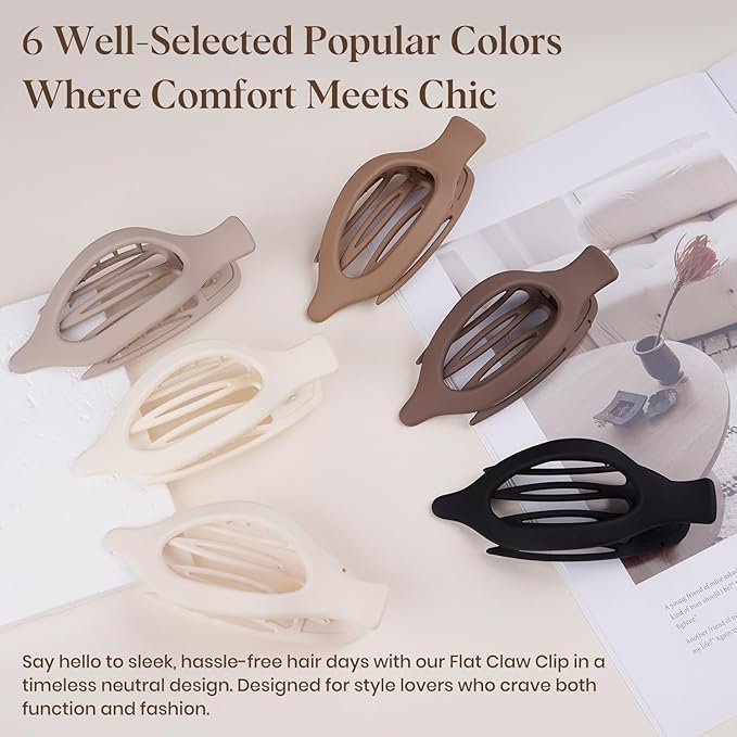 6 PCS Large Flat Hair Clips for Women Girls, French Concord Lay Down Flat Claw Clips for Thick Thin Hair, Comfortable Curved Flat Hair Clip, Matte Non-slip Strong Hold Hair Accessories, Brown